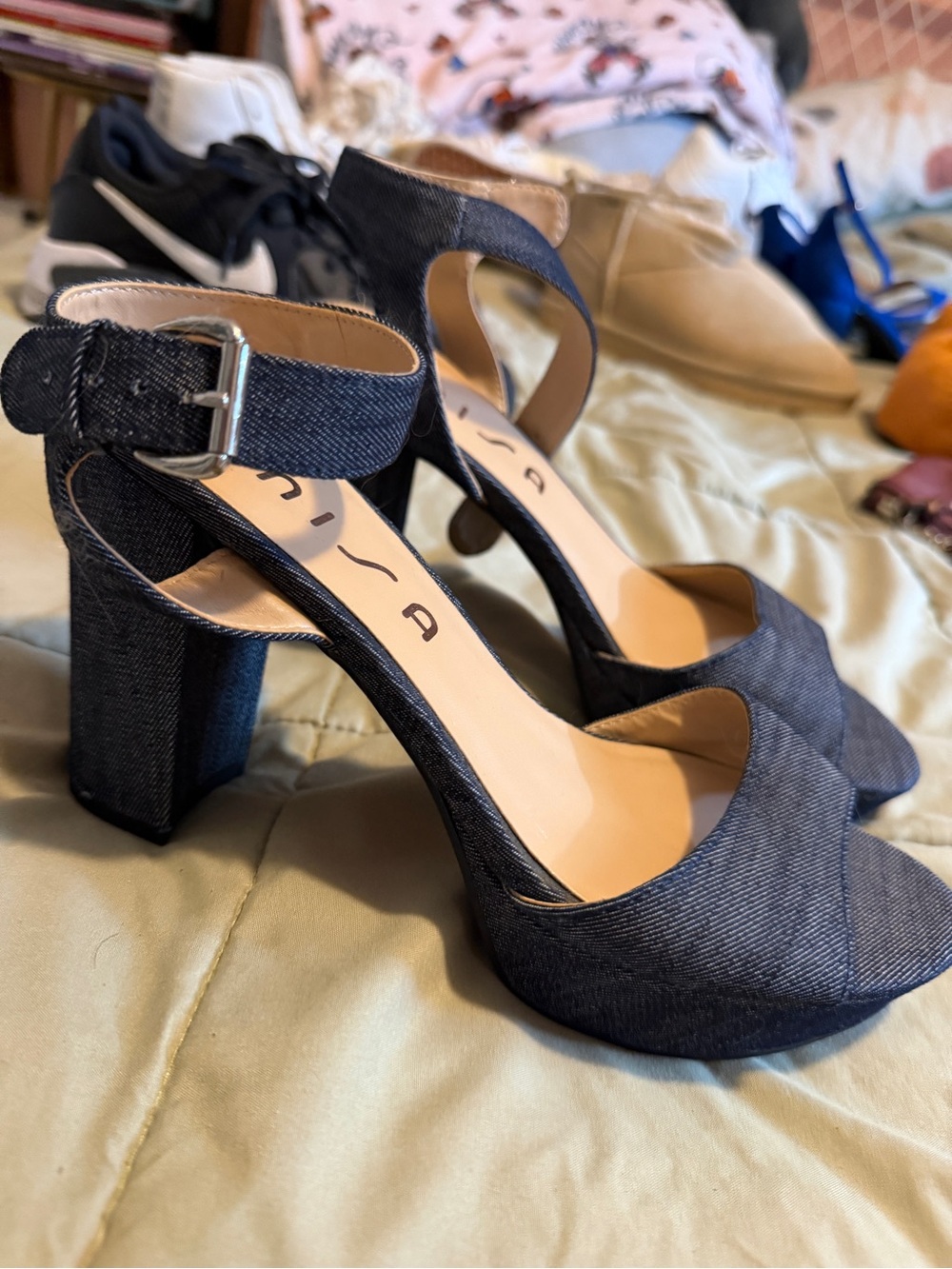Unisa Denim Block-Heel Platform Sandals in Dark Blue Denim- Size 6